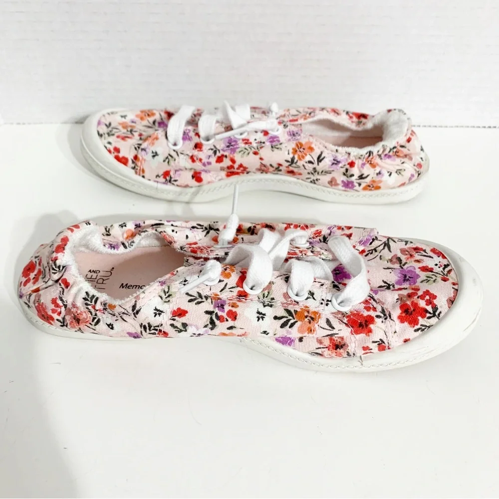 Time and Tru Memory Foam Floral Pink Lace Up Slip On Tru’s Scrunch Back Sneakers